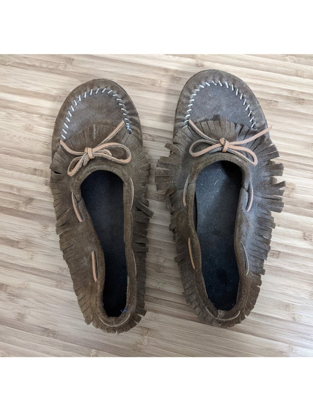 Minnetonka Brown Leather Moccasins – Bow & Fringe, Worn Inside Only